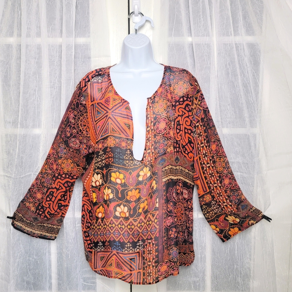 Chicos 3 Silk Semi Sheer Peasant Top Sz XL V Neck Long Sleeve Southwestern Boho